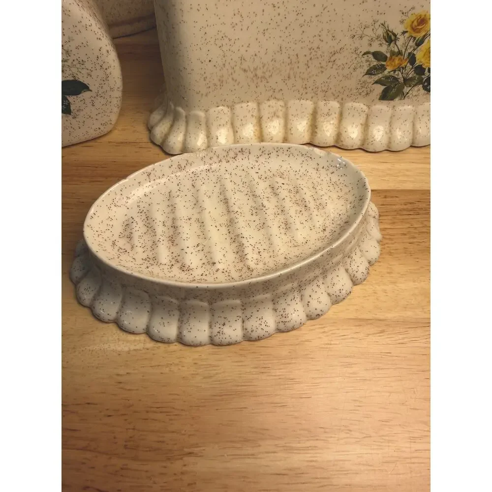 VTG 1983 Ceramic Vanity Bathroom Set of 4 Speckled Yellow Floral Design READ
